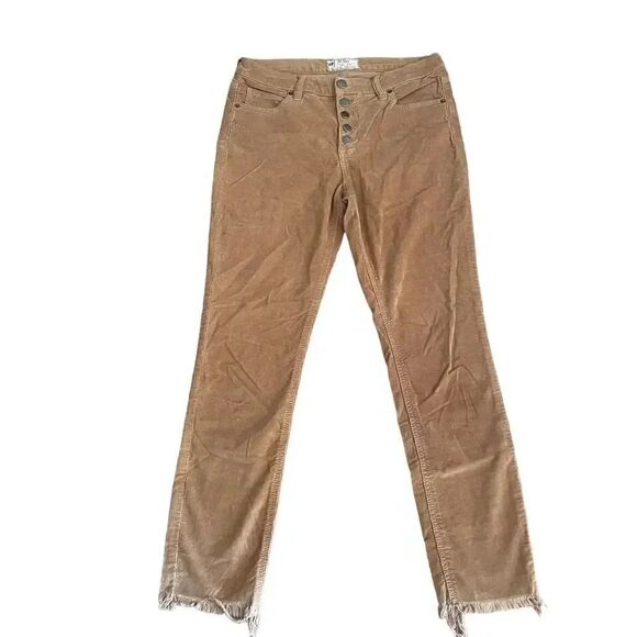 Free People Pants - Free People Tan Brown Corduroy Raw Hem Womens Soft Pants Slim Leg Cropped SZ 27